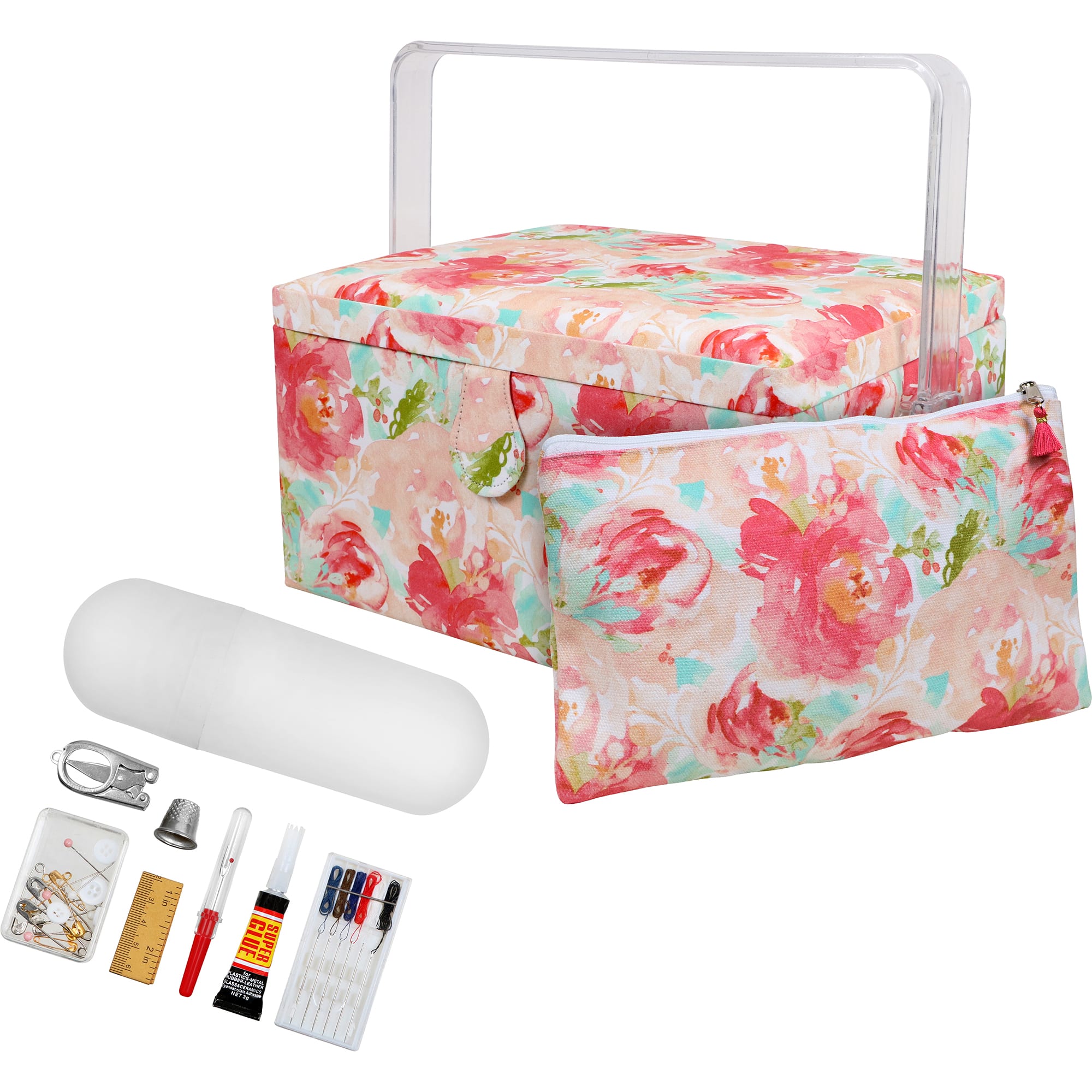 SINGER® Large Watercolor Floral Print Rolled Edge Sewing Basket with Matching Pouch Sew Kit